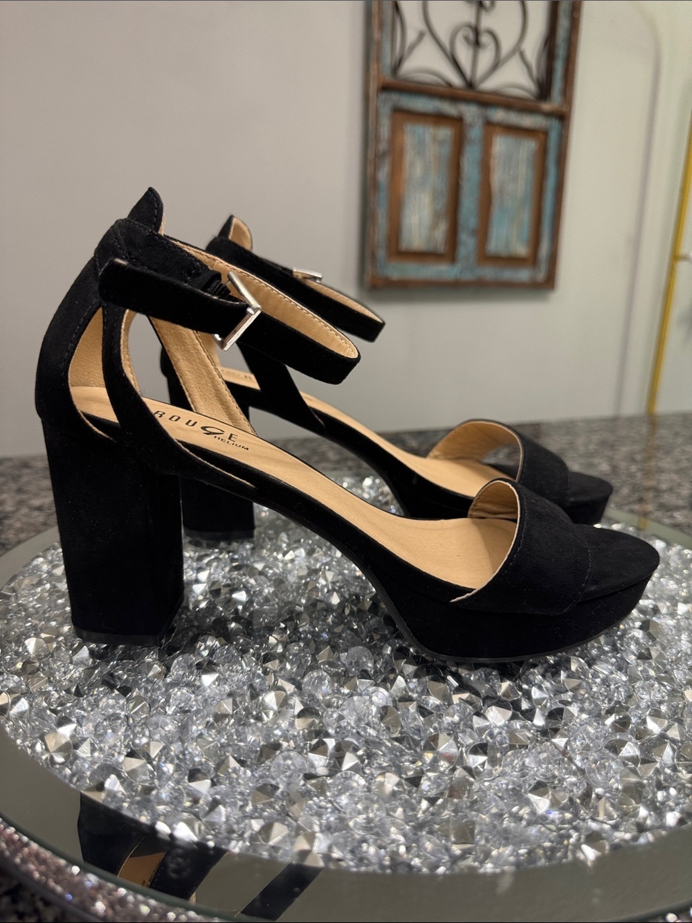 Rouge Helium Black fabric Block Heel Ankle-Strap Sandals NEW 10